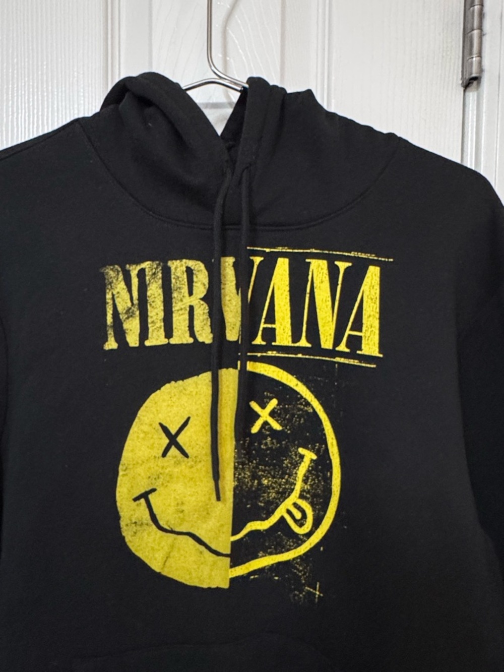 NIRVANA Black Pullover Hoodie with Yellow Smiley Graphic - Picture 3 of 4